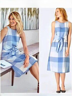 J JILL Love Linen Buffalo Check Tie Waist Linen Dress Size SP Gingham Blue